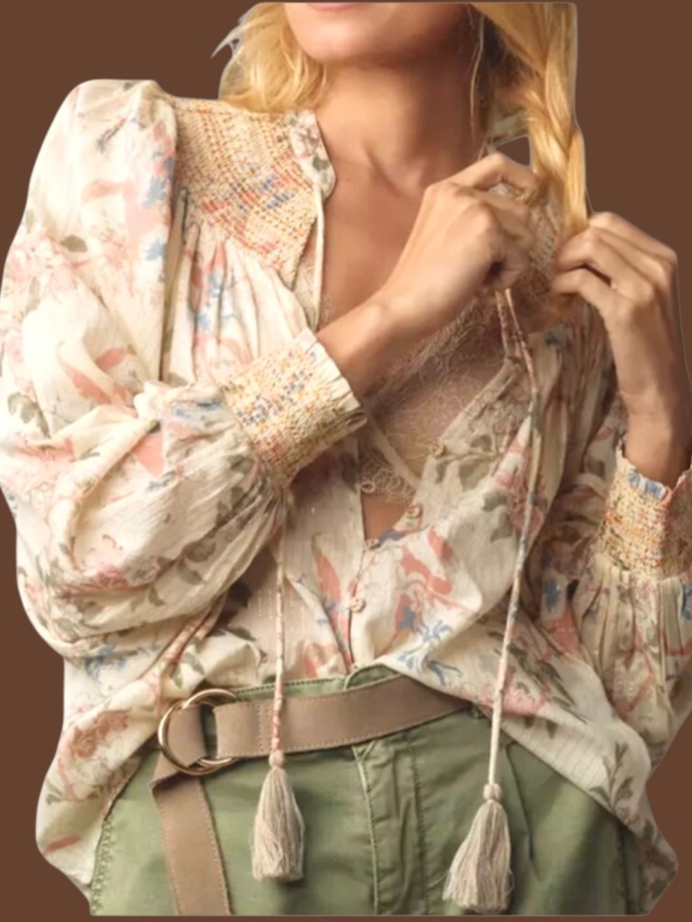 EUC Anthropologie Smocked Lurex Floral Long Sleeve Top Size Small